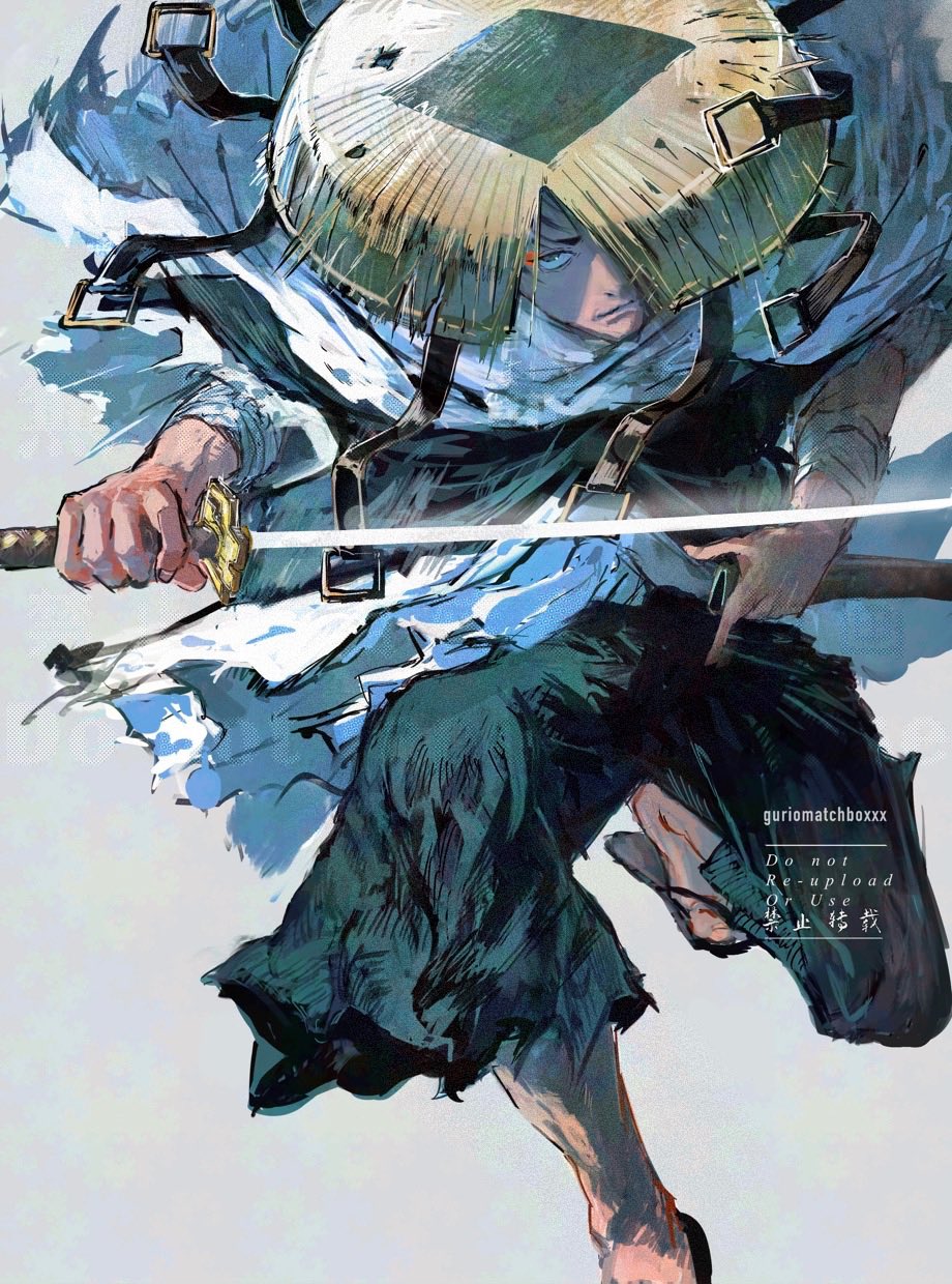 1boy, eyeliner, guri_otoko, hat, highres, holding, holding_sheath, holding_sword