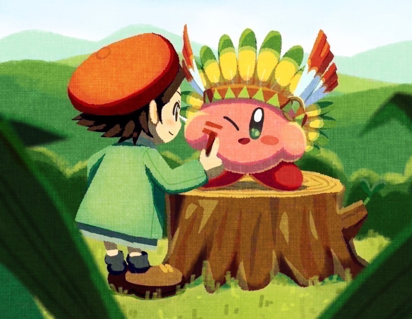 1girl, adeleine, aruco_co, beret, black_hair, black_socks, blue_eyes, blue_sky