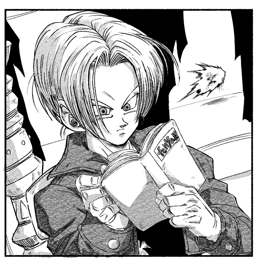 2boys, book, cropped_jacket, dragon_ball, dragonball_z, earphones, fenyon, highres, holding, holding_book, hyperbolic_time_chamber, male_focus, multiple_boys, reading, shirt, short_hair, solo, super_saiyan, torn_clothes, torn_shirt, trunks_(dragon_ball), trunks_(future)_(dragon_ball), upper_body, vegeta