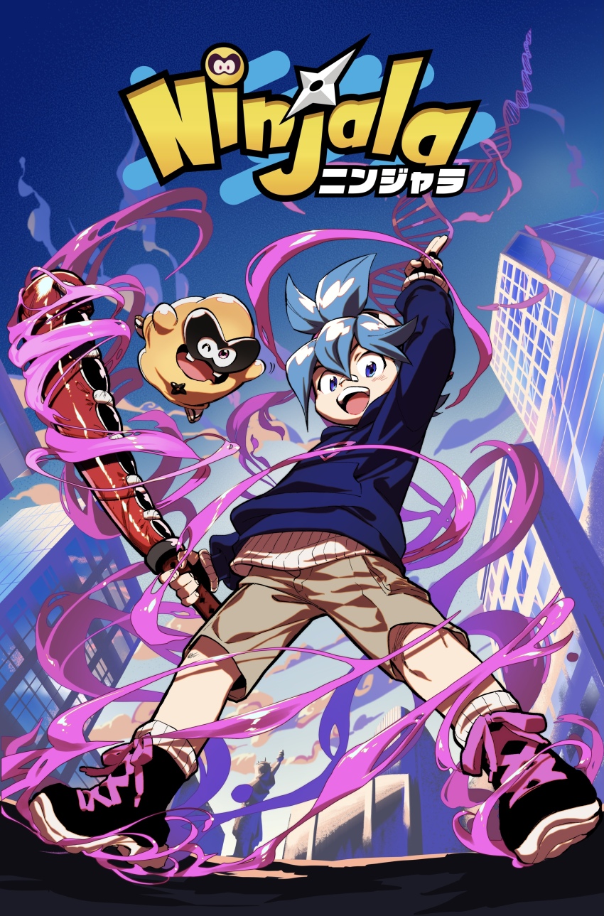 2boys, absurdres, ankle_boots, aqua_eyes, aqua_hair, backwards_hat, bandaid, bandaid_on_face