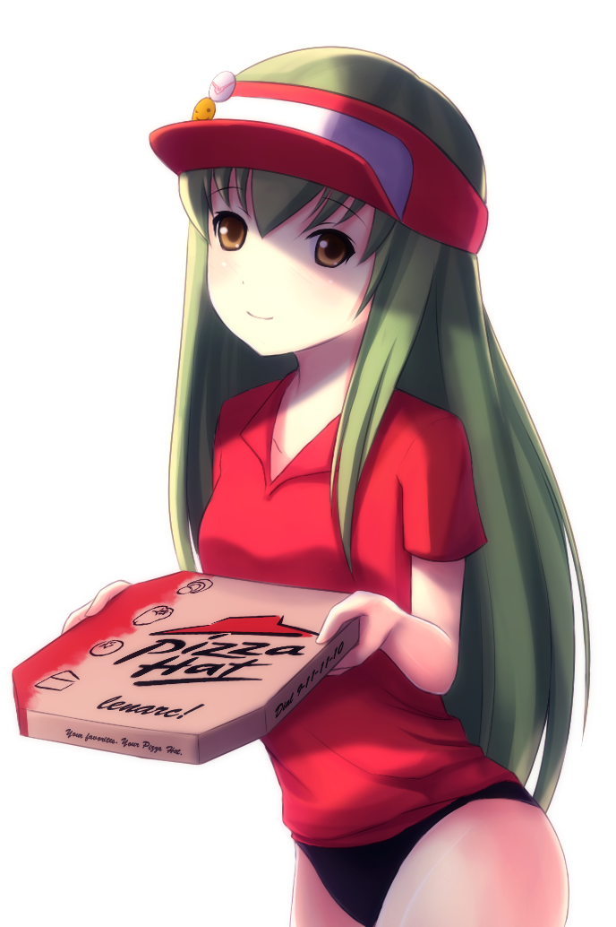 1girl, bad_id, bad_pixiv_id, box, brand_name_imitation, buruma, c.c., code_geass, female_focus, green_hair, len|arc, long_hair, pizza_hut, product_placement, shirt, solo, t-shirt, visor, visor_cap, yellow_eyes