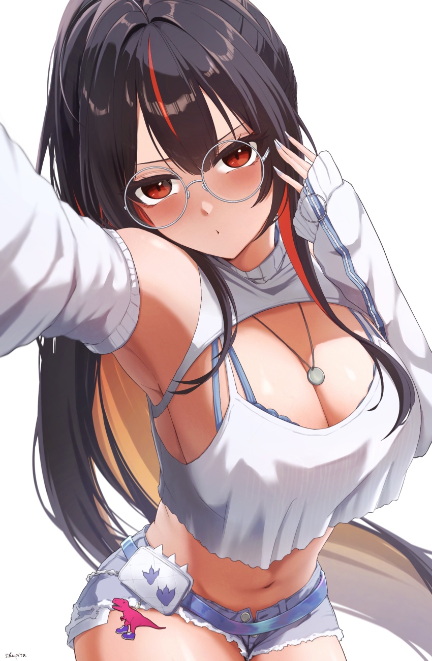 absurdres, black_hair, blue_bra, bra, bra_peek, breasts, camisole, cleavage