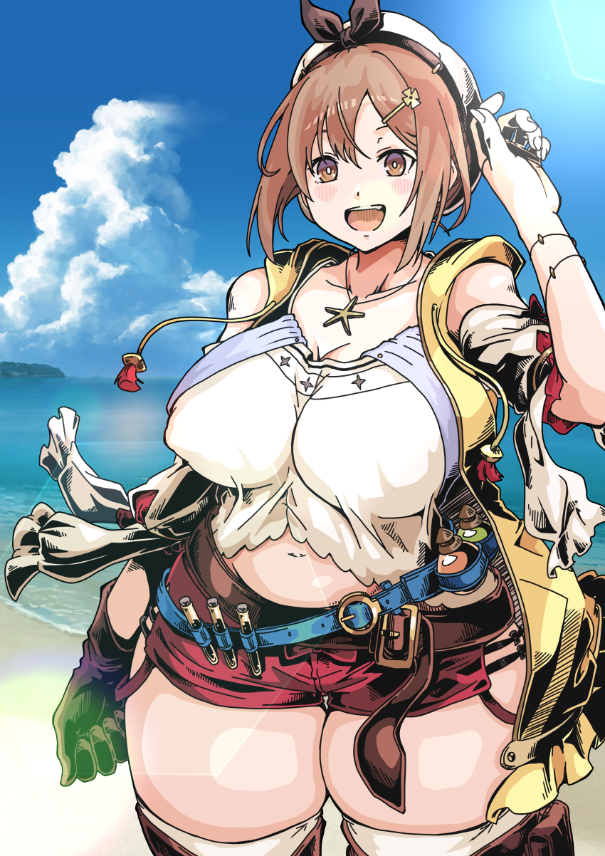 1girl, :d, absurdres, atelier_(series), atelier_ryza, atelier_ryza_1, bare_shoulders, beach