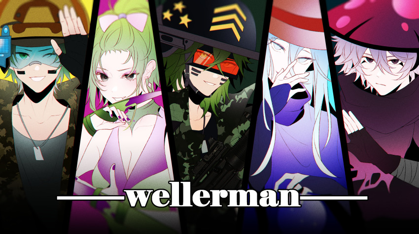 1girl, 4boys, ;d, absurdres, androgynous, bandaged_arm, bandages, bangs_pinned_back, bare_arms, bare_shoulders, bishounen, black_gloves, black_hat, blue-tinted_eyewear, blue_eyes, blue_hair, blurry, blush, bow, breasts, bridal_gauntlets, brown_eyes, brown_hat, brown_jacket, camouflage, camouflage_jacket, cheek_tattoo, chinese_commentary, chromatic_aberration, claw_(weapon), cleavage, closed_mouth, collarbone, column_lineup, commentary_request, crossed_bangs, depth_of_field, double-parted_bangs, earrings, empty_eyes, eyeshadow, facial_mark, fang, film_grain, fingerless_gloves, frown, gatling_pea_(plants_vs._zombies), gloves, goggles, gradient_scarf, green_eyes, green_hair, green_vest, grey_eyes, grey_shirt, grin, gun, hair_between_eyes, hair_bow, hat, highres, holding, holding_gun, holding_weapon, jacket, jewelry, lanyard, large_breasts, long_hair, looking_at_viewer, makeup, medium_hair, multiple_boys, mushroom_hat, nail_polish, nightcap_(plants_vs_zombies_heroes), no_pupils, official_alternate_costume, one_eye_closed, open_mouth, pale_skin, personification, pink_bow, pink_eyeshadow, pink_scarf, plants_vs._zombies, plants_vs._zombies_2, plants_vs._zombies_2_(chinese), plants_vs._zombies_heroes, pokra_(plants_vs._zombies), purple_hair, purple_nails, purple_vest, red-tinted_eyewear, rrtion, scarf, shadow_peashooter_(plants_vs._zombies), shirt, short_hair, simple_background, skin_fang, smile, star_(symbol), straight_hair, tattoo, tinted_eyewear, trap, two-tone_vest, uneven_eyes, upper_body, vest, weapon, yellow_eyes