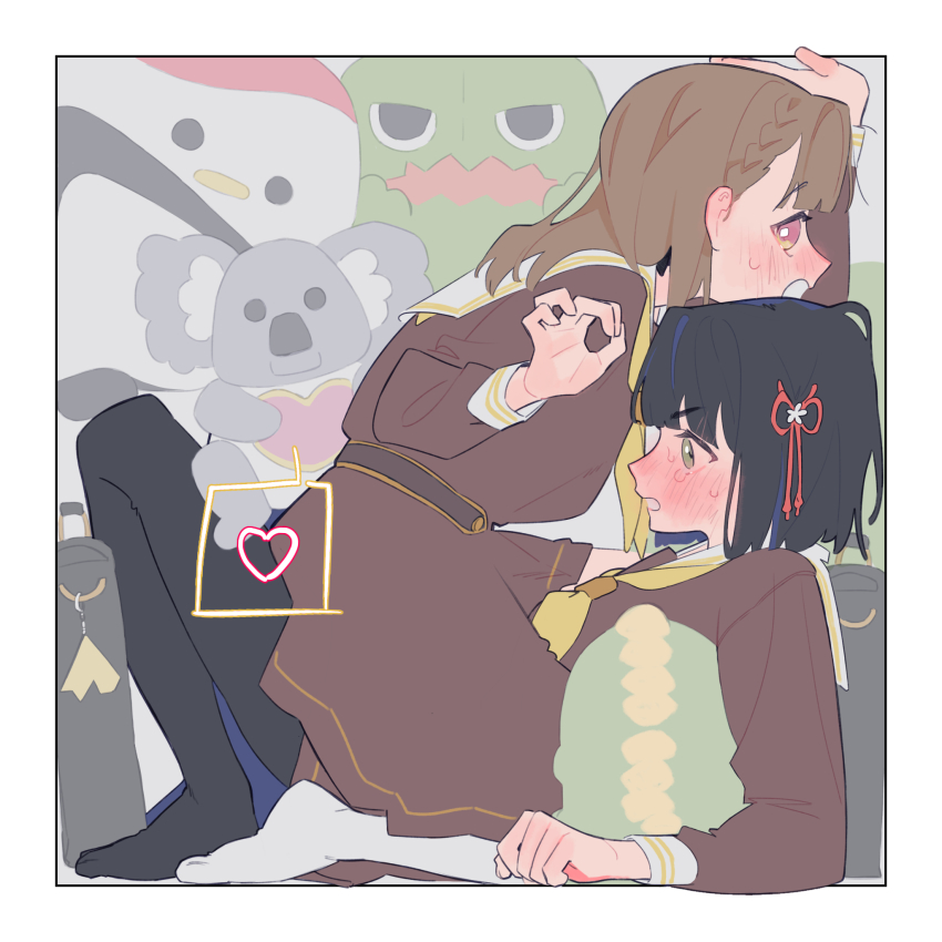 2girls, black_bow, black_hair, black_pantyhose, blunt_bangs, blunt_ends, blush, bob_cut