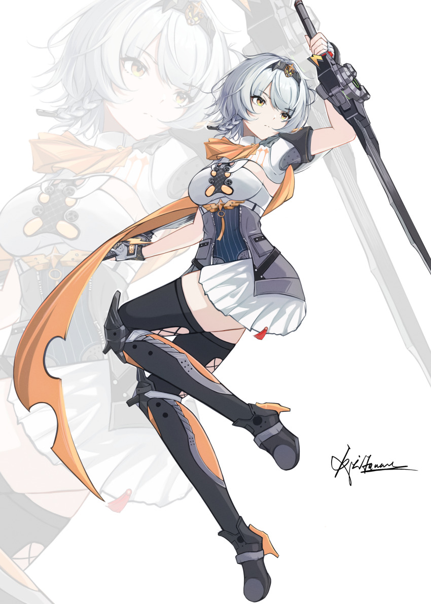 1girl, absurdres, anby_demara, anby_demara_(silver_soldier), black_boots, black_hairband, boots, breasts