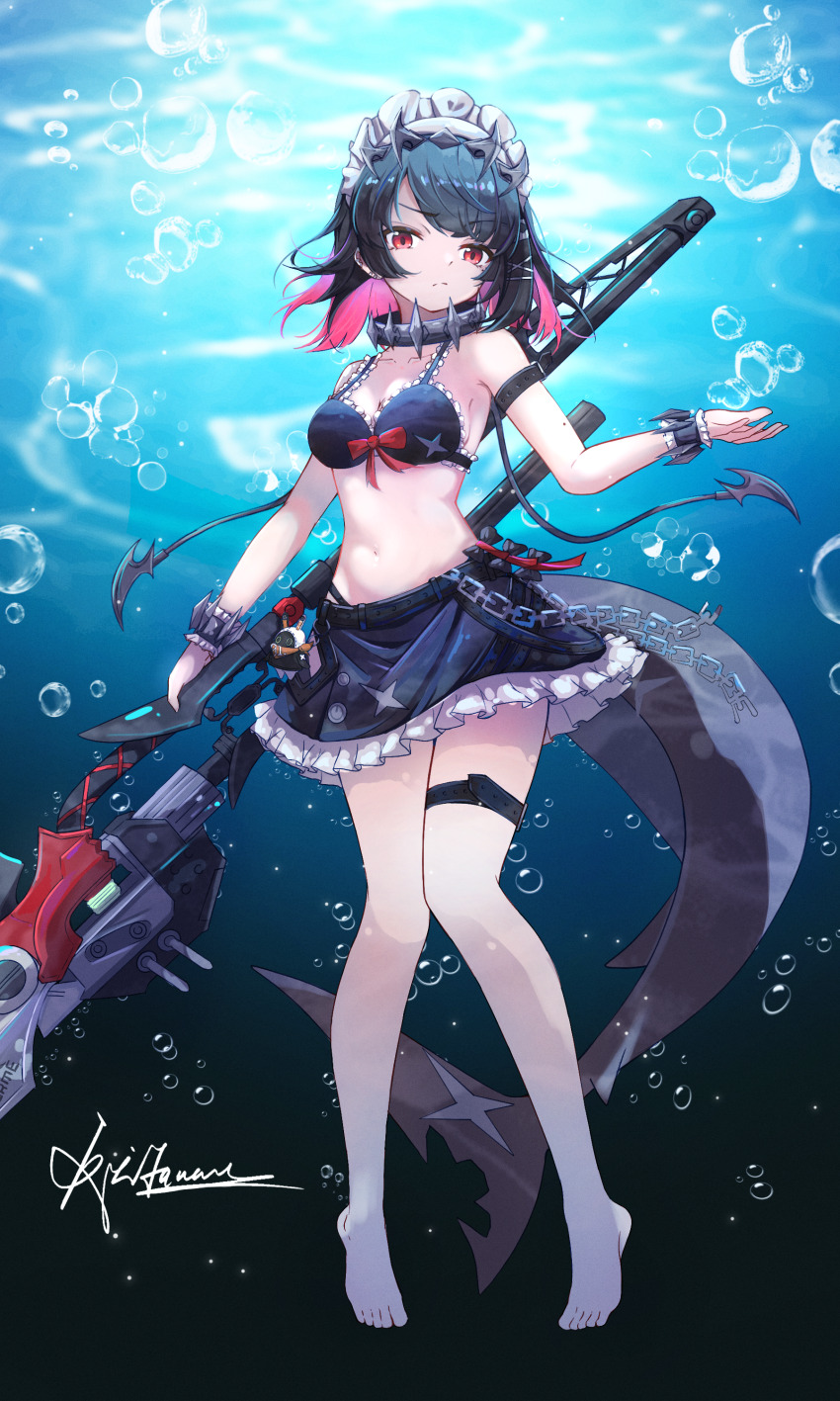 1girl, absurdres, bangboo_(zenless_zone_zero), black_bra, black_hair, black_skirt, bra, breasts, choker, closed_mouth, colored_inner_hair, ellen_joe, eous_(zenless_zone_zero), fins, fish_tail, full_body, highres, holding, holding_weapon, looking_at_viewer, maid_headdress, medium_breasts, miniskirt, mole, mole_under_eye, multicolored_hair, navel, neet_(jdud2284), razor_blade_hair_ornament, red_eyes, shark_girl, shark_tail, skirt, tail, thigh_strap, underwater, underwear, weapon, zenless_zone_zero
