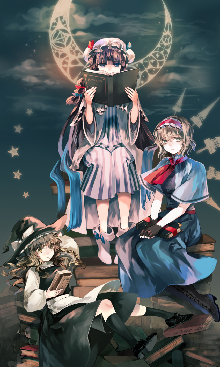 3girls, alice_margatroid, blonde_hair, blue_eyes, blue_hair, book, boots, bow