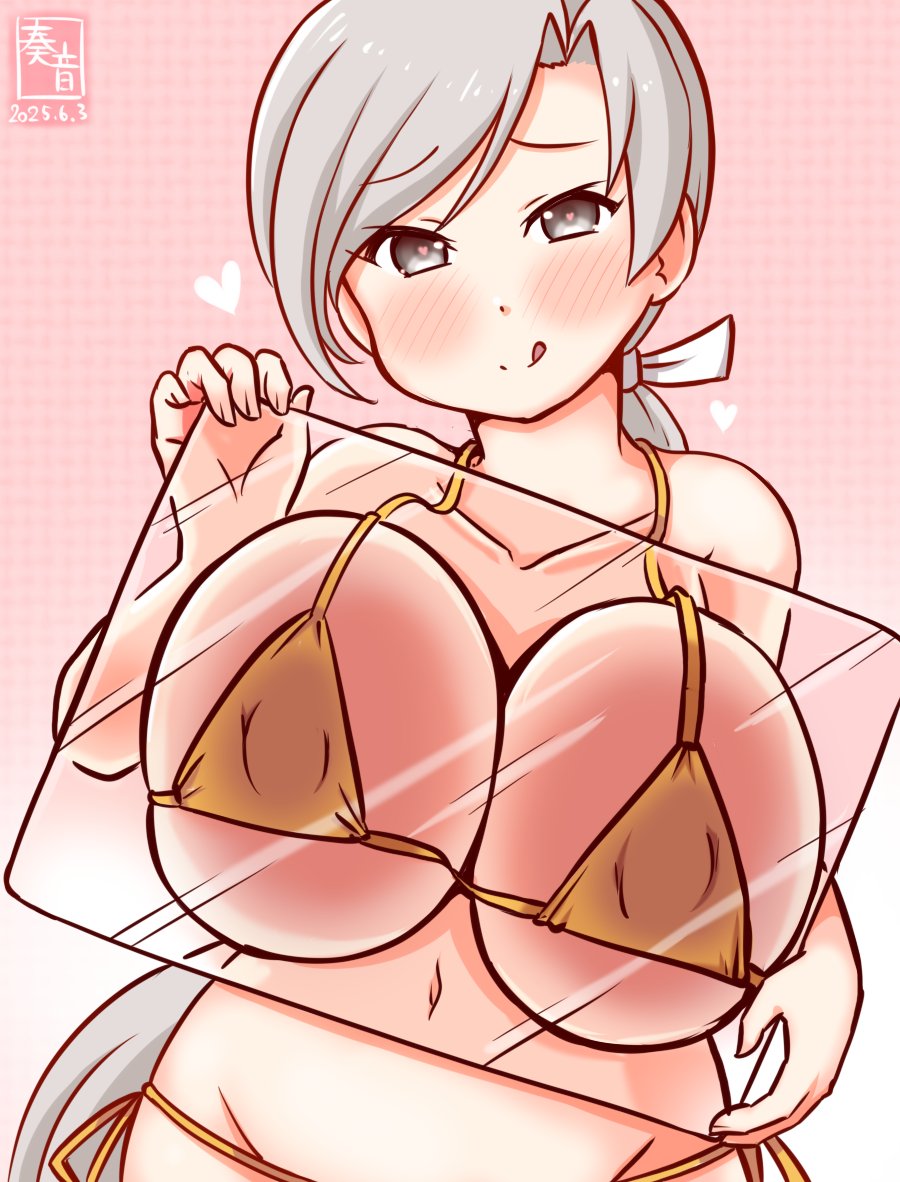against_glass, artist_logo, bikini, breast_press, breasts, chitose_(kancolle), cleavage, commentary_request, covered_erect_nipples, dated, glass_plate, gold_bikini, gradient_background, grey_eyes, grey_hair, huge_breasts, kanon_(kurogane_knights), kantai_collection, large_breasts, logo, low_ponytail, pink_background, ponytail, side-tie_bikini_bottom, swimsuit, upper_body