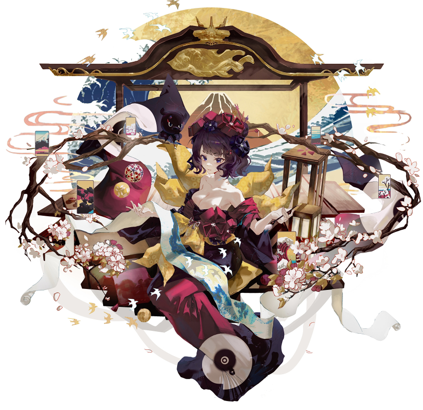 1girl, absurdres, ball, bird, blue_eyes, breasts, cherry_blossoms, cleavage