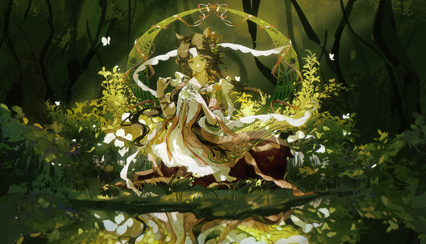 1girl, animal_ears, brown_hair, centauroid, collarbone, commentary, deer_ears, deer_girl