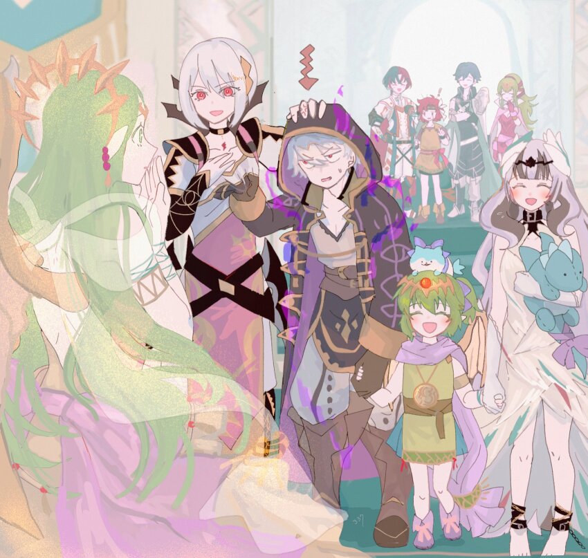 4girls, 5boys, armor, black_coat, blue_hair, chrom_(fire_emblem), closed_eyes, coat