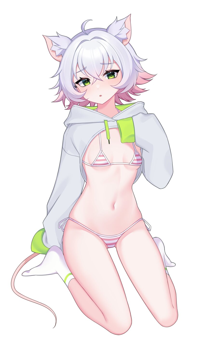 1girl, :o, absurdres, ahoge, animal_ear_fluff, animal_ears, ankle_socks, arm_behind_back