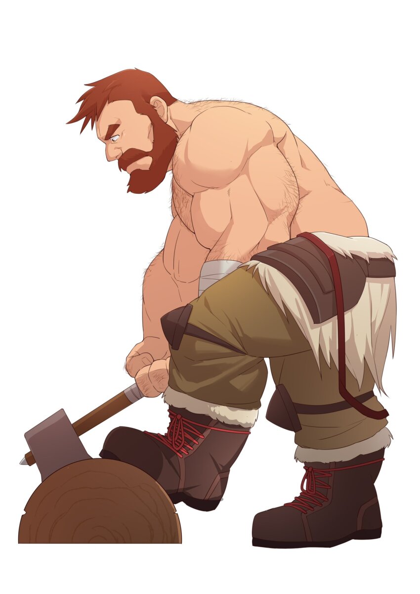 1boy, axe, bara, beard, biceps, boots, brown_boots, chest_hair, chopping, closed_mouth, commentary, english_commentary, facial_hair, from_side, guran_(underguran), highres, holding, holding_axe, logan_(lustful_desires), lustful_desires, male_focus, muscular, muscular_male, pectorals, profile, topless_male, white_background