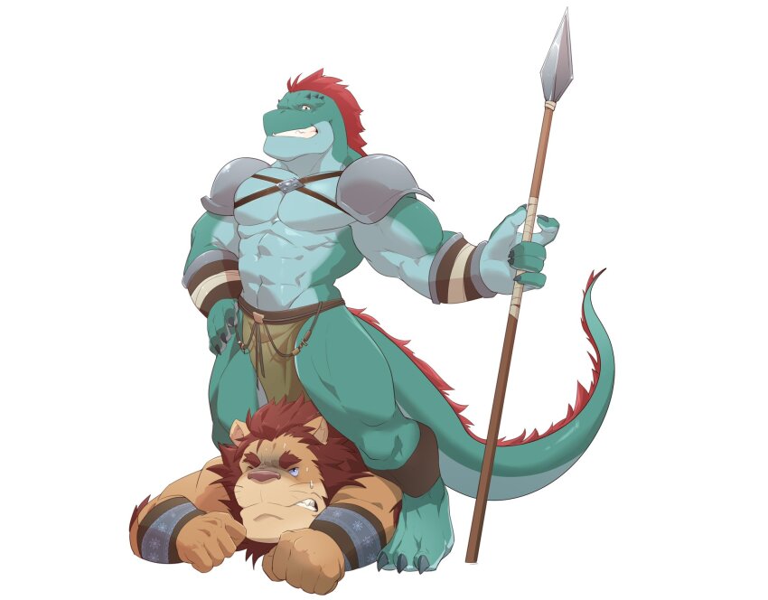 2boys, abs, animal_ears, bara, barefoot, claws, clenched_hands, clenched_teeth