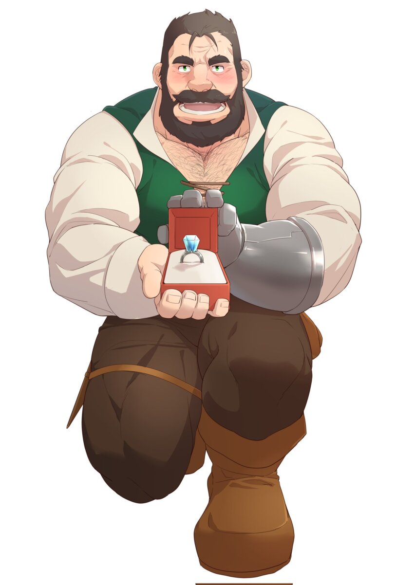 1boy, bara, beard, bernard_(lustful_desires), blush, chest_hair, commentary, english_commentary