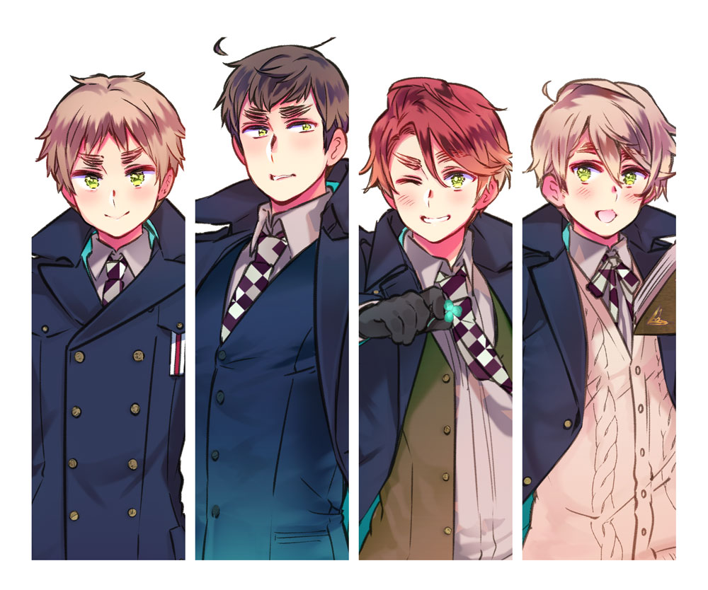 4boys, ahoge, aqua_flower, aqua_jacket, axis_powers_hetalia, black_gloves, black_hair, blonde_hair