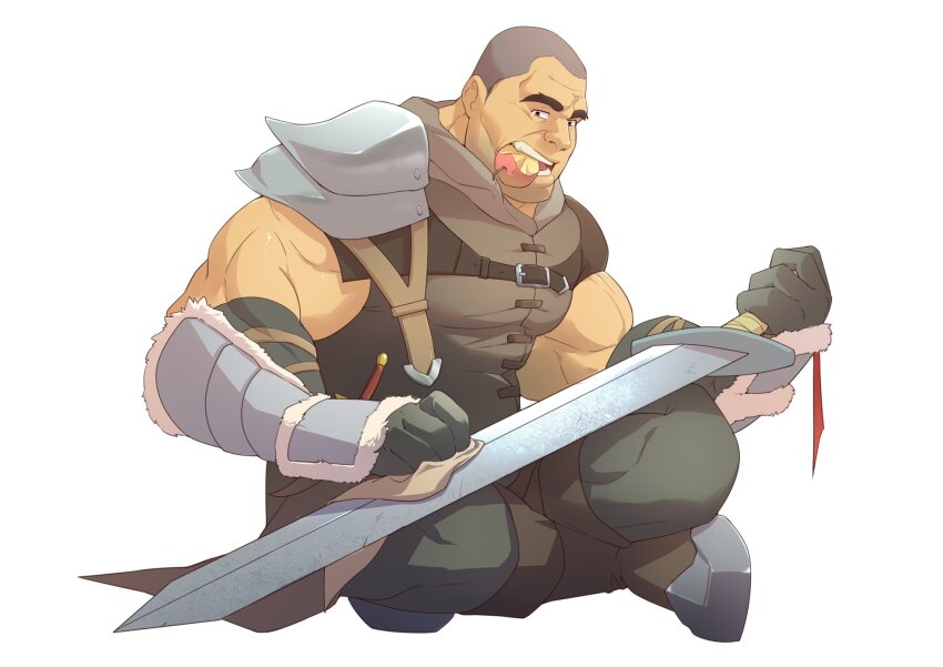 1boy, apple, armor, bara, biceps, commentary, english_commentary, food