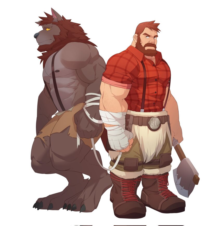 1boy, abs, animal_ears, axe, bandaged_hand, bandages, bara, barefoot