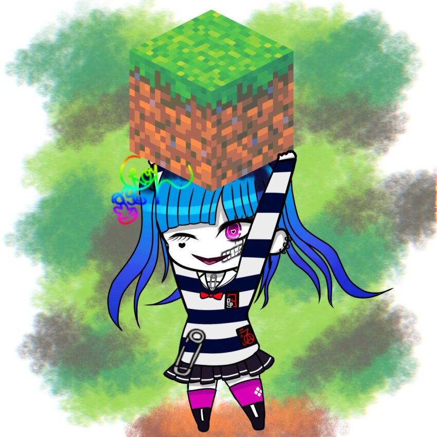 1girl, amemiya_darumi, black_boots, black_hair, black_shirt, black_skirt, blue_hair, boots