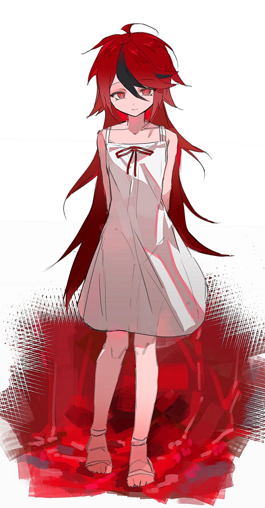 1girl, aged_down, ahoge, barefoot, black_hair, closed_mouth, collarbone, cosplay, feet, female_focus, full_body, genderswap, genderswap_(mtf), hair_between_eyes, highres, long_hair, looking_at_viewer, messy_hair, possessed, possession, red_eyes, red_hair, saya_(saya_no_uta), saya_(saya_no_uta)_(cosplay), saya_no_uta, simple_background, smile, standing, sumino_takumi, takumi-g_(hundred_line), the_hundred_line_-last_defense_academy-, toes, white_background