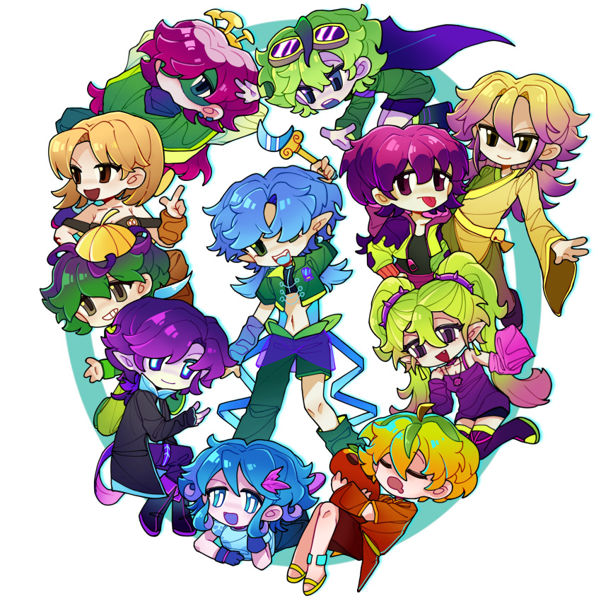 4boys, 6+girls, :d, :p, ahoge, annotated, arm_warmers, arms_behind_head, asymmetrical_pants, bandana, bandana_around_neck, bare_shoulders, black_boots, black_coat, black_shirt, black_shorts, blonde_hair, blue_arm_warmers, blue_eyes, blue_hair, blue_tongue, boots, breasts, bright_pupils, brown_arm_warmers, brown_eyes, brown_hair, brown_shorts, cape, chinese_commentary, closed_mouth, coat, colored_skin, colored_tips, colored_tongue, commentary_request, conceal_mint, crescent, cropped_jacket, curtained_hair, deformed, detached_sleeves, double-parted_bangs, drooling, dusk_lobber_(plants_vs._zombies), ear_piercing, earrings, eye_mask, fang, fewer_digits, flat_chest, flipped_hair, full_body, gloom-vine, goggles, goggles_on_head, gradient_hair, green_eyes, green_hair, green_jacket, green_mask, green_pants, green_shirt, grimrose_(plants_vs._zombies), grin, hair_behind_ear, hair_between_eyes, hair_ornament, hair_over_one_eye, hat, highres, holding, holding_scepter, hood, hood_down, hooded_jacket, index_finger_raised, ive0iv7307, jacket, japanese_clothes, jewelry, kimono, knee_boots, leaf_hair_ornament, long_hair, looking_at_object, looking_at_viewer, low_twintails, lying, mask, moonflower_(plants_vs._zombies), mouth_drool, multicolored_hair, multiple_boys, multiple_girls, murkadamia_nut, navel, necklace, nightshade_(plants_vs._zombies), noctarine, off-shoulder_shirt, off_shoulder, on_back, on_stomach, one_eye_covered, open_clothes, open_coat, open_jacket, open_mouth, pants, personification, piercing, pink_hair, pink_hood, pink_sleeves, plants_vs._zombies, plants_vs._zombies_2, plants_vs._zombies_2_(chinese), pointy_ears, purple_bandana, purple_boots, purple_cape, purple_eyes, purple_hair, purple_pants, purple_shirt, purple_shorts, reaching, sandals, scepter, shadow-shroom, shadow_peashooter_(plants_vs._zombies), shadow_vanilla, shirt, short_hair, short_shorts, short_sleeves, shorts, simple_background, single_detached_sleeve, sleeping, small_breasts, smile, spiked_hair_ornament, tassel, tassel_earrings, teeth, thigh_boots, tongue, tongue_out, twintails, two-tone_hair, upper_teeth_only, white_background, white_pupils, white_skin, wide_sleeves, yellow_hat, yellow_kimono, yellow_sandals