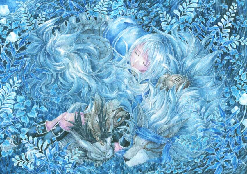 1girl, android, bird, blue_theme, boots, bug, ender_lilies_quietus_of_the_knights, ender_magnolia_bloom_in_the_mist, grass, grey_hair, hati_(ender_magnolia), huginn_(ender_magnolia), lilac_(ender_magnolia), motley_(ender_magnolia), muninn_(ender_magnolia), nanai_yuki, nature, outdoors, owl, painting_(medium), short_hair, sleeping, spider, traditional_media, watercolor_(medium), wolf