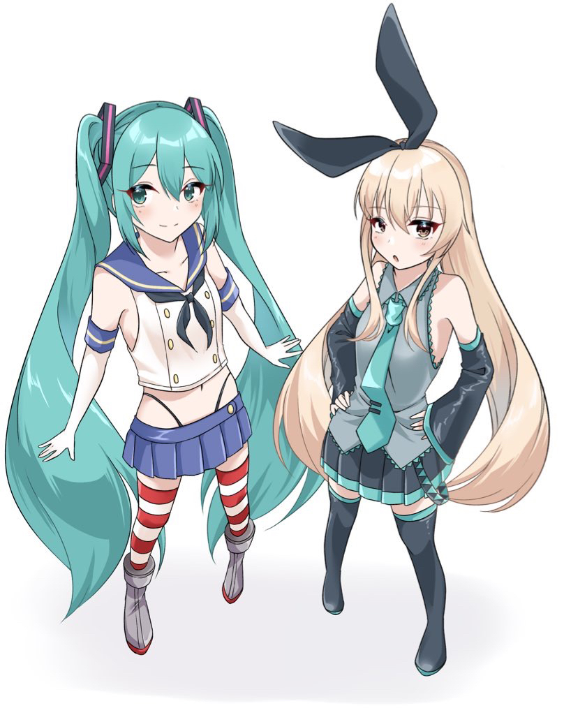 2girls, animal_ears, bare_shoulders, black_neckerchief, black_panties, black_ribbon, black_skirt, blonde_hair, blue_eyes, blue_hair, blue_necktie, blue_sailor_collar, blue_skirt, blush, boots, breasts, buttons, collared_shirt, commentary_request, cosplay, costume_switch, cropped_shirt, detached_sleeves, double-breasted, elbow_gloves, from_above, full_body, gloves, grey_shirt, hair_between_eyes, hair_ribbon, hands_on_own_hips, hatsune_miku, hatsune_miku_(cosplay), highleg, highleg_panties, kantai_collection, long_hair, looking_at_viewer, looking_up, midriff, miniskirt, multiple_girls, navel, neckerchief, necktie, open_mouth, panties, pleated_skirt, rabbit_ears, ribbon, sailor_collar, school_uniform, serafuku, shimakaze_(kancolle), shimakaze_(kancolle)_(cosplay), shiratsuki_azu, shirt, skirt, sleeveless, sleeveless_shirt, small_breasts, smile, standing, striped_clothes, striped_thighhighs, thigh_boots, thighhighs, twintails, underwear, very_long_hair, vocaloid, white_gloves, white_shirt, wide_sleeves, yellow_eyes