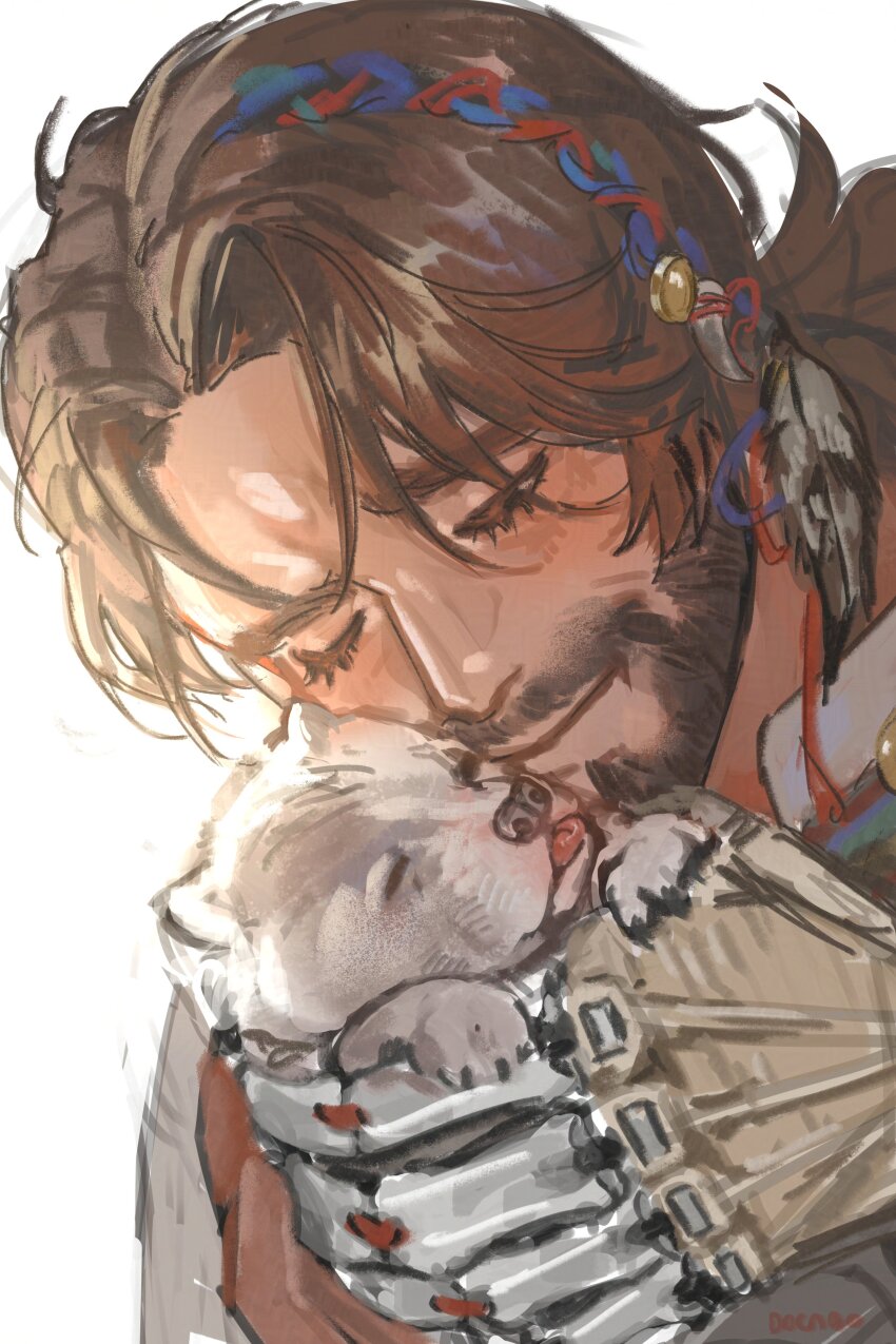 1boy, absurdres, animal, baby_animal, beard, brown_hair, closed_eyes, closed_mouth, commentary, desi, docabo11, dog, english_commentary, facial_hair, grey_fur, highres, holding, holding_animal, mechanical_arms, ponytail, puppy, reverse:1999, shamane, smile, tongue, tongue_out, white_background, wolf