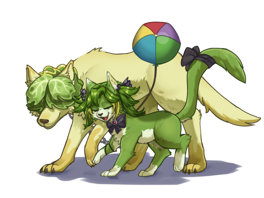 :3, animal_ear_fluff, animalization, balloon, black_bow, black_bowtie, blonde_hair, boom_balloon_flower_(plants_vs._zombies), bow, bowtie, cat, chain, claws, closed_mouth, commentary, covered_eyes, fangs, food-themed_hair, green_hair, hair_over_eyes, headbutter_lettuce, medium_hair, multicolored_hair, open_mouth, plants_vs._zombies, plants_vs._zombies_2, shadow, simple_background, smile, streaked_hair, untranslatable_commentary, tail, tail_bow, tail_ornament, tongue, twintails, two-tone_hair, veghia, white_background, wolf