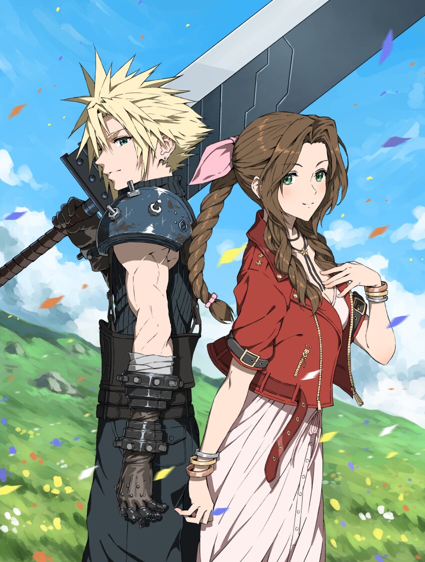 1boy, 1girl, absurdres, aerith_gainsborough, armor, armored_gloves, back-to-back, bandaged_arm