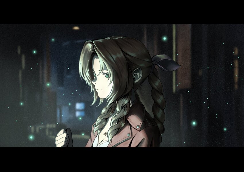1girl, aerith_gainsborough, black_border, blurry, blurry_background, border, braid, braided_ponytail