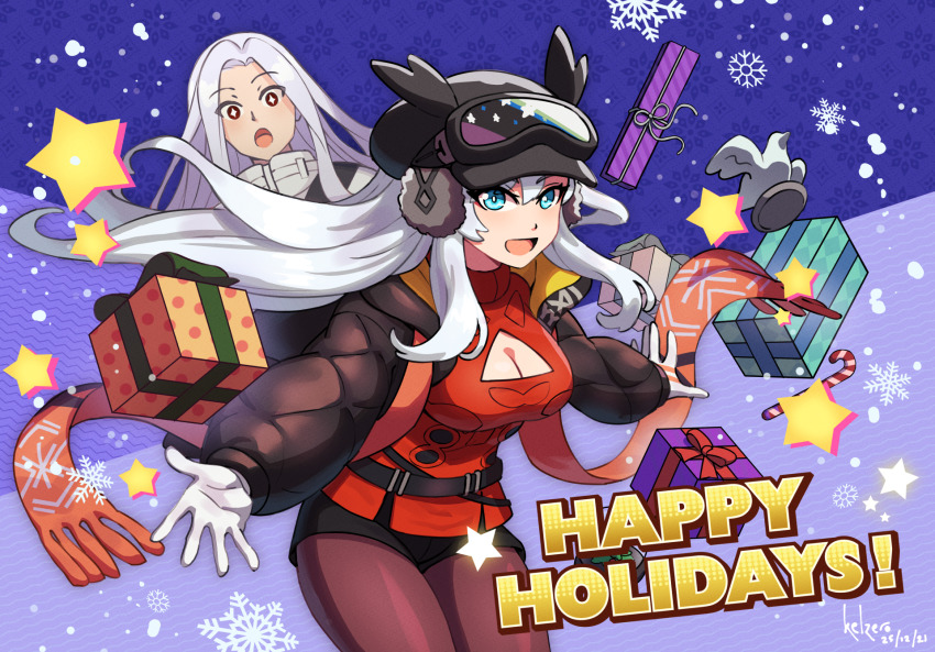 1boy, 1girl, black_hat, black_jacket, blue_eyes, candy, candy_cane, christmas