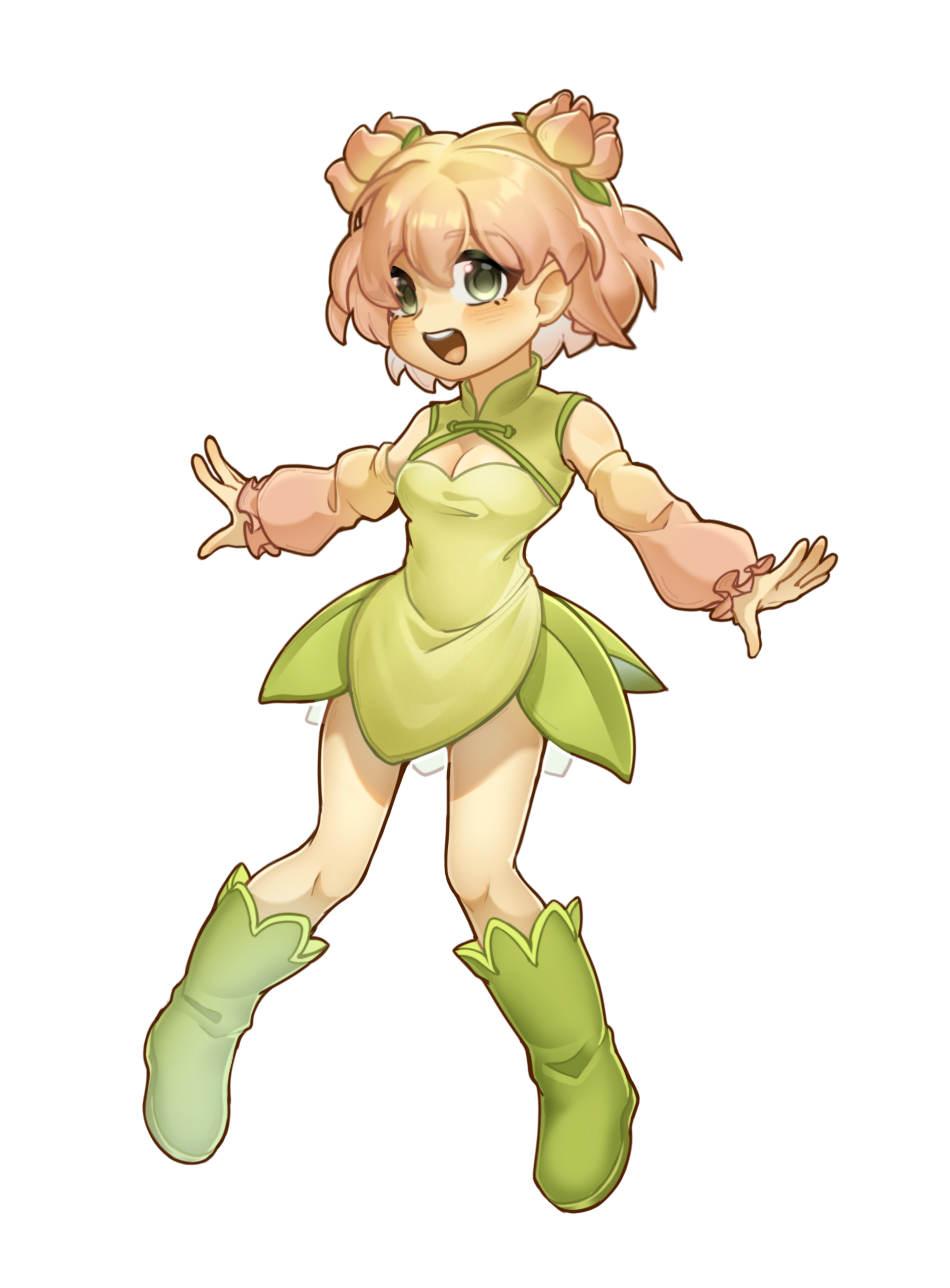 1girl, :d, bare_shoulders, boots, borrowed_design, breasts, china_dress, chinese_clothes, chinese_commentary, cleavage, cleavage_cutout, clothing_cutout, commentary_request, detached_sleeves, double_bun, dress, frilled_sleeves, frills, green_boots, green_dress, green_eyes, hair_between_eyes, hair_bun, hair_ornament, happy, highres, knee_boots, leaf_hair_ornament, looking_at_viewer, mandarin_collar, open_mouth, outstretched_arms, outstretched_hand, personification, pink_hair, pink_sleeves, plants_vs._zombies, plants_vs._zombies_2, power_lily, short_hair, simple_background, sleeveless, sleeveless_dress, small_breasts, smile, solo, teeth, tongue, upper_teeth_only, veghia, white_background