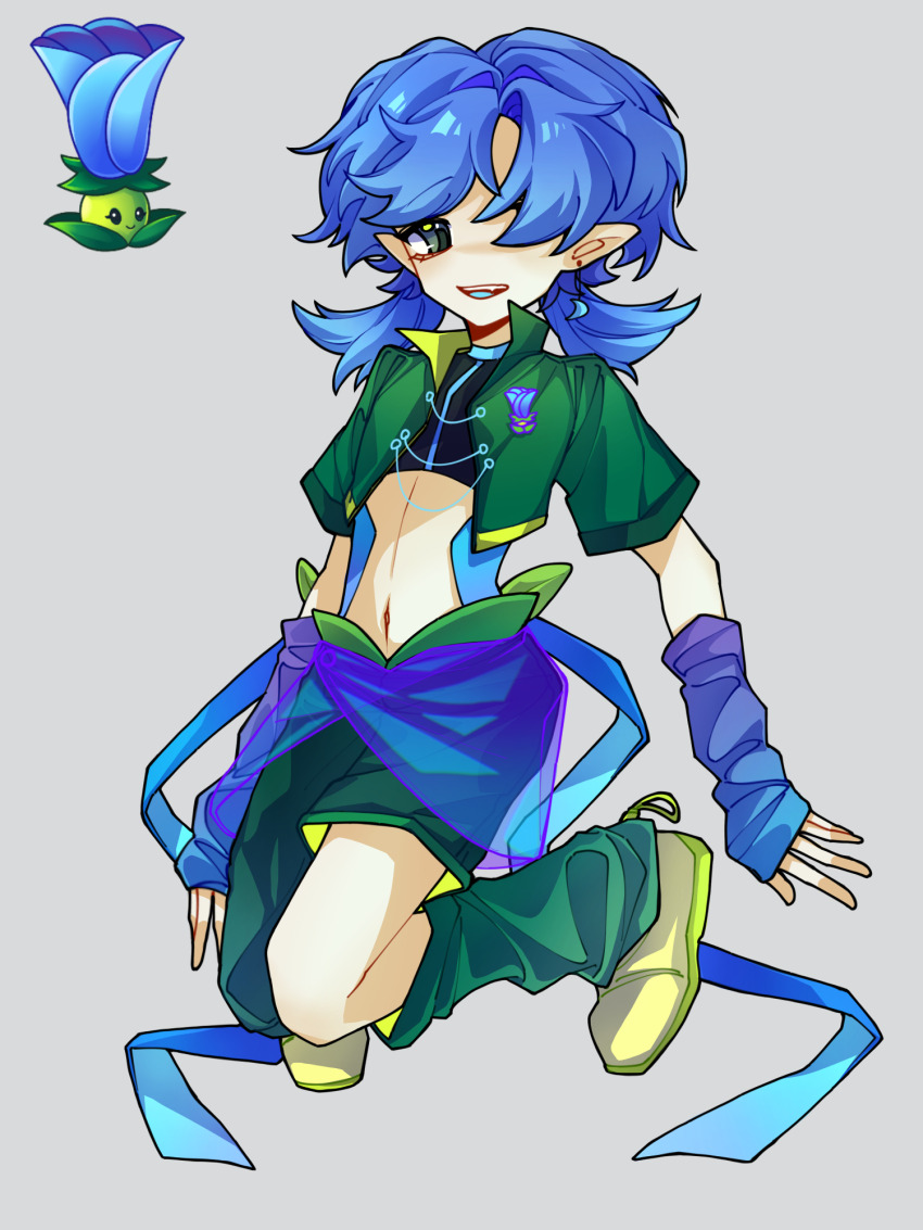1girl, :d, aegyo_sal, arm_warmers, arms_at_sides, asymmetrical_pants, black_shirt, blue_arm_warmers, blue_hair, blue_skirt, blue_tongue, chinese_commentary, collared_jacket, colored_tongue, commentary_request, crescent, crescent_earrings, crop_top, cropped_jacket, cropped_shirt, earrings, fang, flat_chest, full_body, green_jacket, green_pants, green_socks, grey_background, grey_eyes, hair_behind_ear, hair_over_one_eye, highres, ive0iv7307, jacket, jewelry, jumping, kneehighs, looking_at_viewer, loose_socks, low_twintails, medium_hair, midriff, moonflower_(plants_vs._zombies), no_nose, official_art_inset, one_eye_covered, open_clothes, open_jacket, open_mouth, pants, personification, plants_vs._zombies, plants_vs._zombies_2, pointy_ears, reference_inset, see-through_clothes, see-through_skirt, shirt, shoes, short_sleeves, sideways_glance, simple_background, single_earring, skirt, smile, socks, solo, teeth, tongue, twintails, two-sided_fabric, upper_teeth_only, yellow_shoes