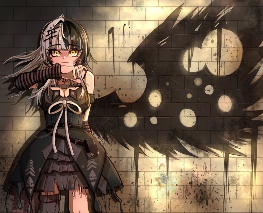 1girl, angel_with_a_shotgun, arm_strap, arm_warmers, black_arm_warmers, black_dress, black_hair, black_thighhighs