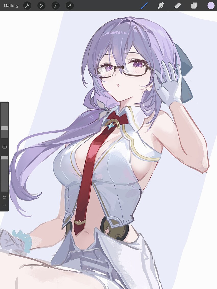 1girl, bare_arms, bare_shoulders, black-framed_eyewear, breasts, canace_(stella_sora), center_opening, cleavage_cutout