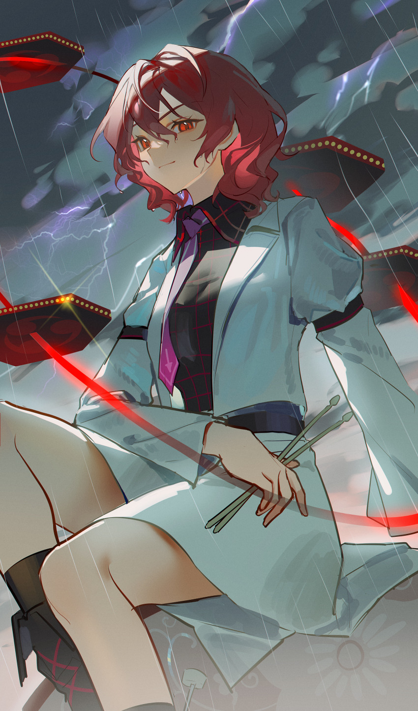 1girl, absurdres, black_boots, black_shirt, black_socks, boots, cloud, cloudy_sky