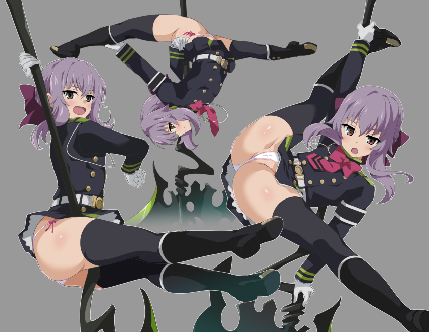 1girl, ass, axe, battle_axe, black_boots, black_thighhighs, blazer, boots