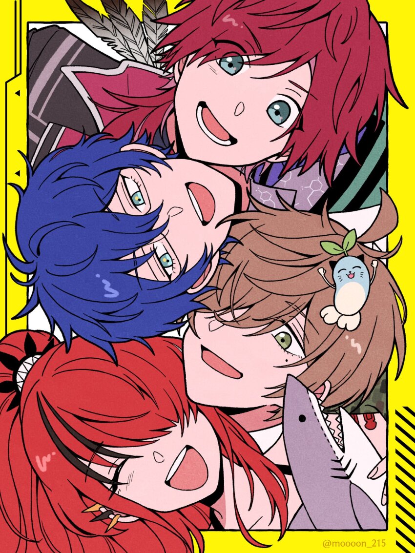 1girl, 3boys, ahoge, aqua_eyes, bandaid, blue_hair, blue_necktie, brown_hair