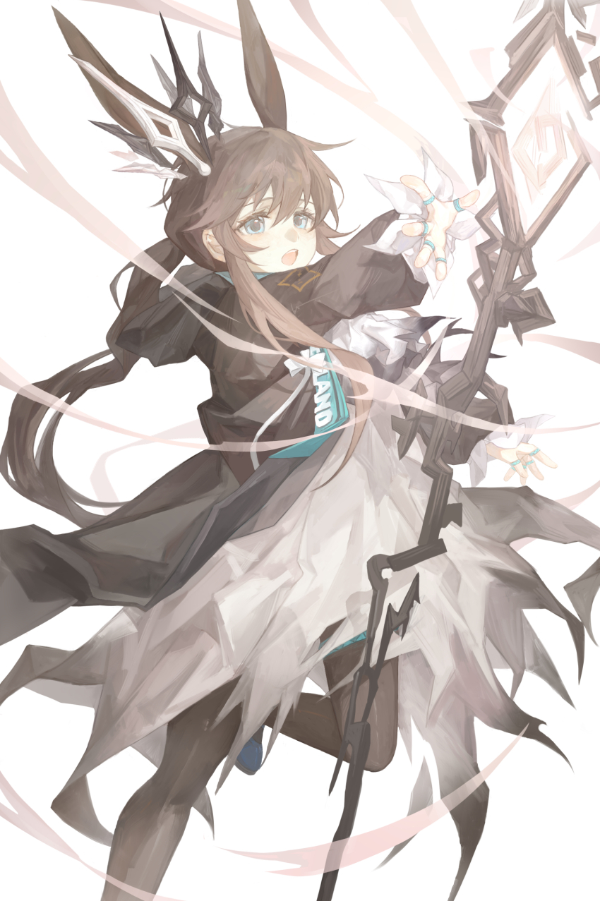 1girl, absurdres, amiya_(arknights), animal_ears, arknights, black_coat, black_pantyhose, blue_eyes