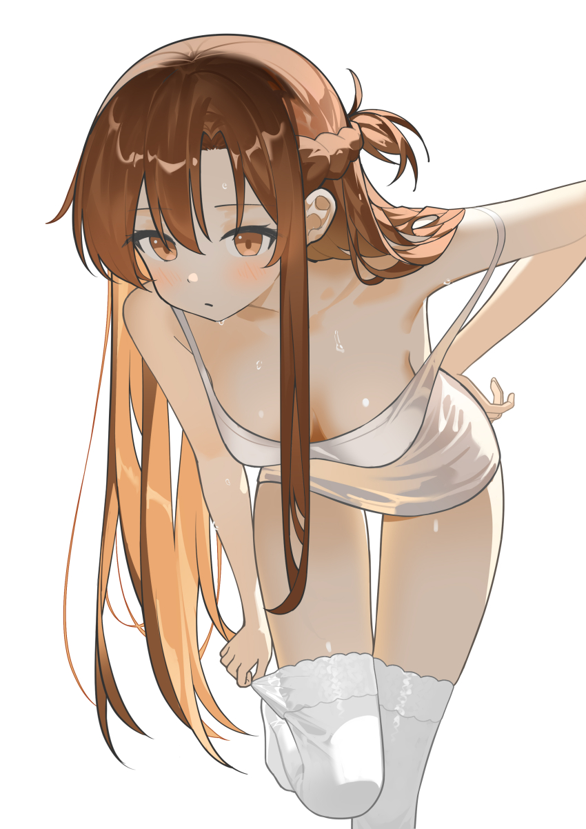 1girl, absurdres, adjusting_clothes, adjusting_legwear, armpits, asuna_(sao), asymmetrical_bangs, blush, breasts, brown_eyes, brown_hair, camisole, chinese_commentary, cleavage, collarbone, commentary_request, cowboy_shot, downblouse, half_updo, hand_on_own_hip, highres, lace_trim, leaning_forward, long_hair, looking_at_viewer, nagisa_(cxcx5235), off_shoulder, orange_hair, simple_background, small_breasts, solo, sweatdrop, sword_art_online, thighhighs, thighs, white_camisole, white_hair, white_thighhighs