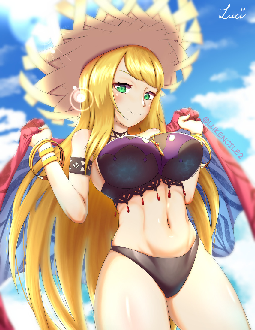 1girl, absurdres, black_pants, blonde_hair, blush, bracelet, breasts, chelle_(dragalia_lost)
