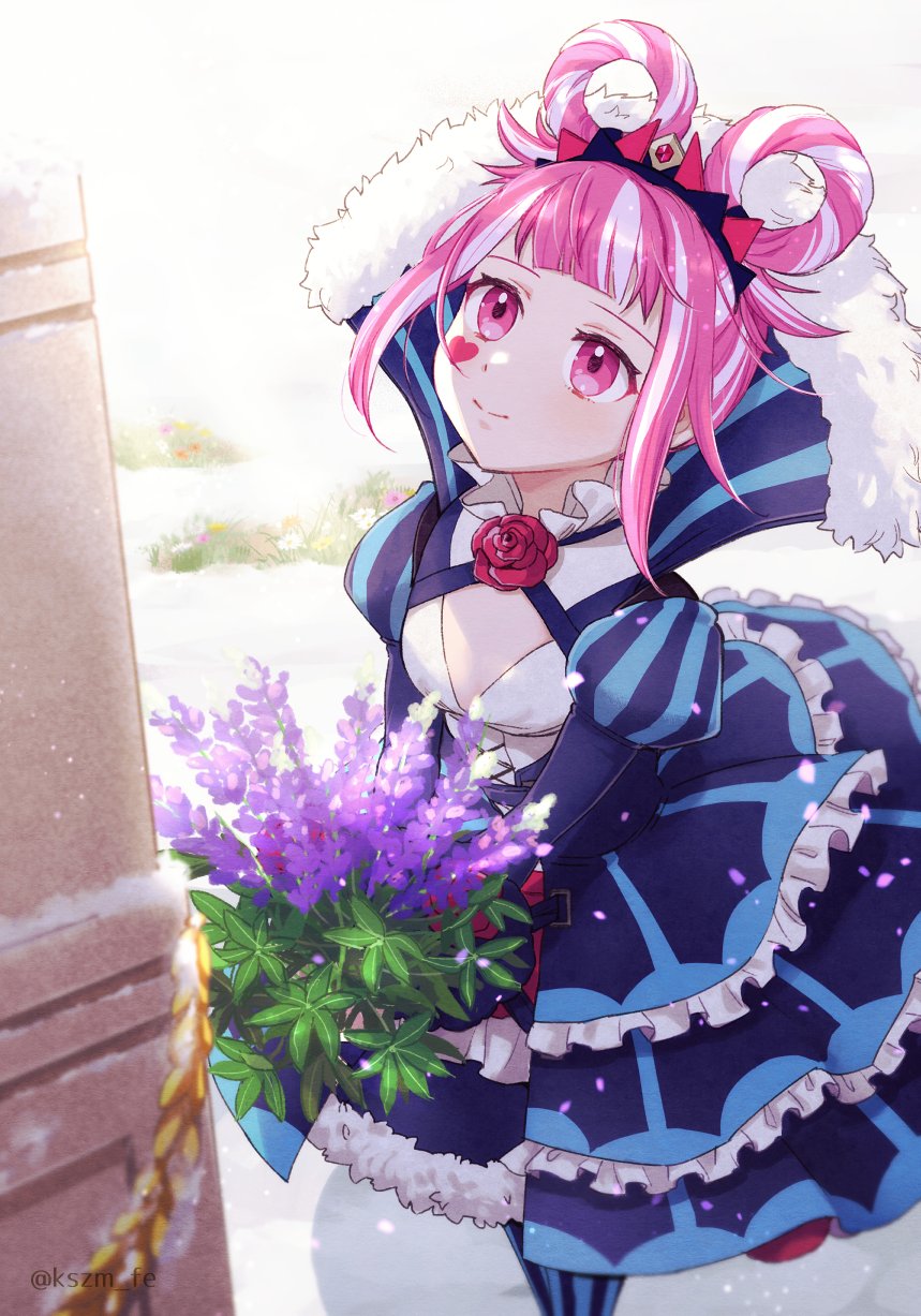 1girl, aqua_pantyhose, blunt_bangs, bouquet, cross-laced_clothes, cross-laced_dress, dress, facial_mark