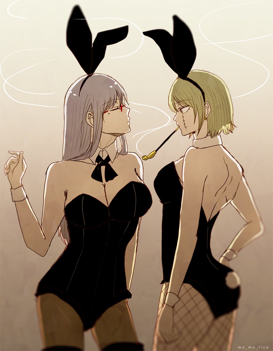 2girls, alternate_costume, animal_ears, bare_shoulders, black_leotard, breasts, cleavage, closed_eyes, commentary, commentary_request, cowboy_shot, detached_collar, earrings, facial_scar, facing_another, fake_animal_ears, fake_tail, fishnet_pantyhose, fishnets, gintama, glasses, grey_hair, hand_on_own_hip, highres, jewelry, kiseru, large_breasts, leotard, long_hair, looking_at_another, medium_breasts, mo_mo_rice, mole, mole_under_eye, multiple_girls, pantyhose, playboy_bunny, profile, rabbit_ears, rabbit_tail, red-framed_eyewear, sarutobi_asuma, scar, scar_on_cheek, scar_on_face, semi-rimless_eyewear, short_hair, smoke, smoking, smoking_pipe, standing, stitches, strapless, strapless_leotard, tail, tsukuyo_(gintama), wrist_cuffs