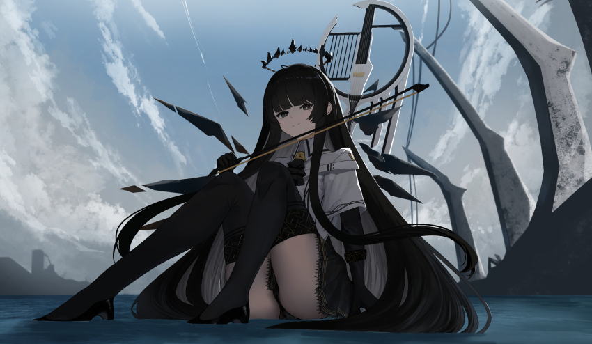 1girl, absurdres, arknights, ascot, ass, black_ascot, black_eyes, black_gloves, black_hair, black_halo, black_shoes, black_skirt, black_thighhighs, bow_(music), bright_pupils, closed_mouth, cloud, collared_shirt, colored_inner_hair, commentary, dark_halo, day, elbow_gloves, full_body, gloves, grey_hair, hachimin8_(shrine_kyo), halo, highres, holding, holding_bow_(music), instrument, knees_up, lace, lace-trimmed_skirt, lace_trim, long_hair, looking_at_viewer, multicolored_hair, outdoors, shirt, shoes, sitting, skirt, smile, solo, split_mouth, thighhighs, very_long_hair, virtuosa_(arknights), water, white_pupils, white_shirt