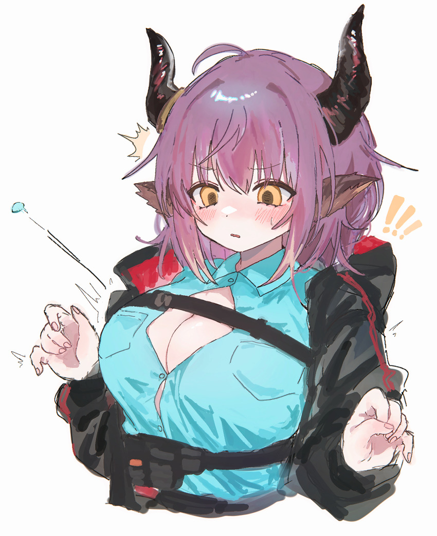 !, !!, 1girl, ^^^, ahoge, animal_ears, arknights, black_horns