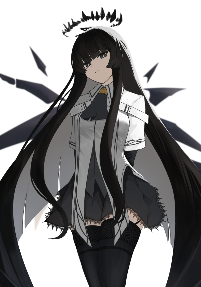 1girl, arknights, arms_behind_back, ascot, black_ascot, black_eyes, black_hair, black_halo