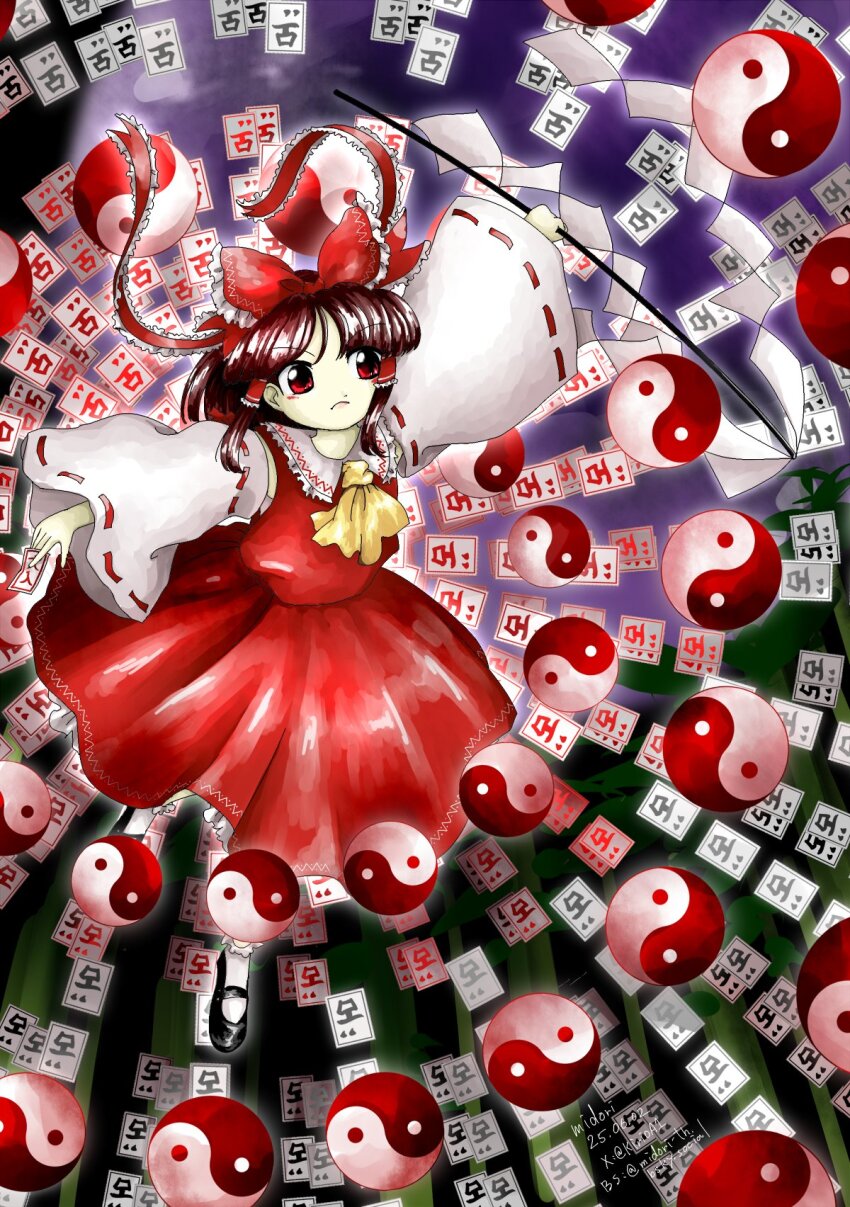 1girl, ascot, between_fingers, black_shoes, bow, brown_hair, danmaku, detached_sleeves