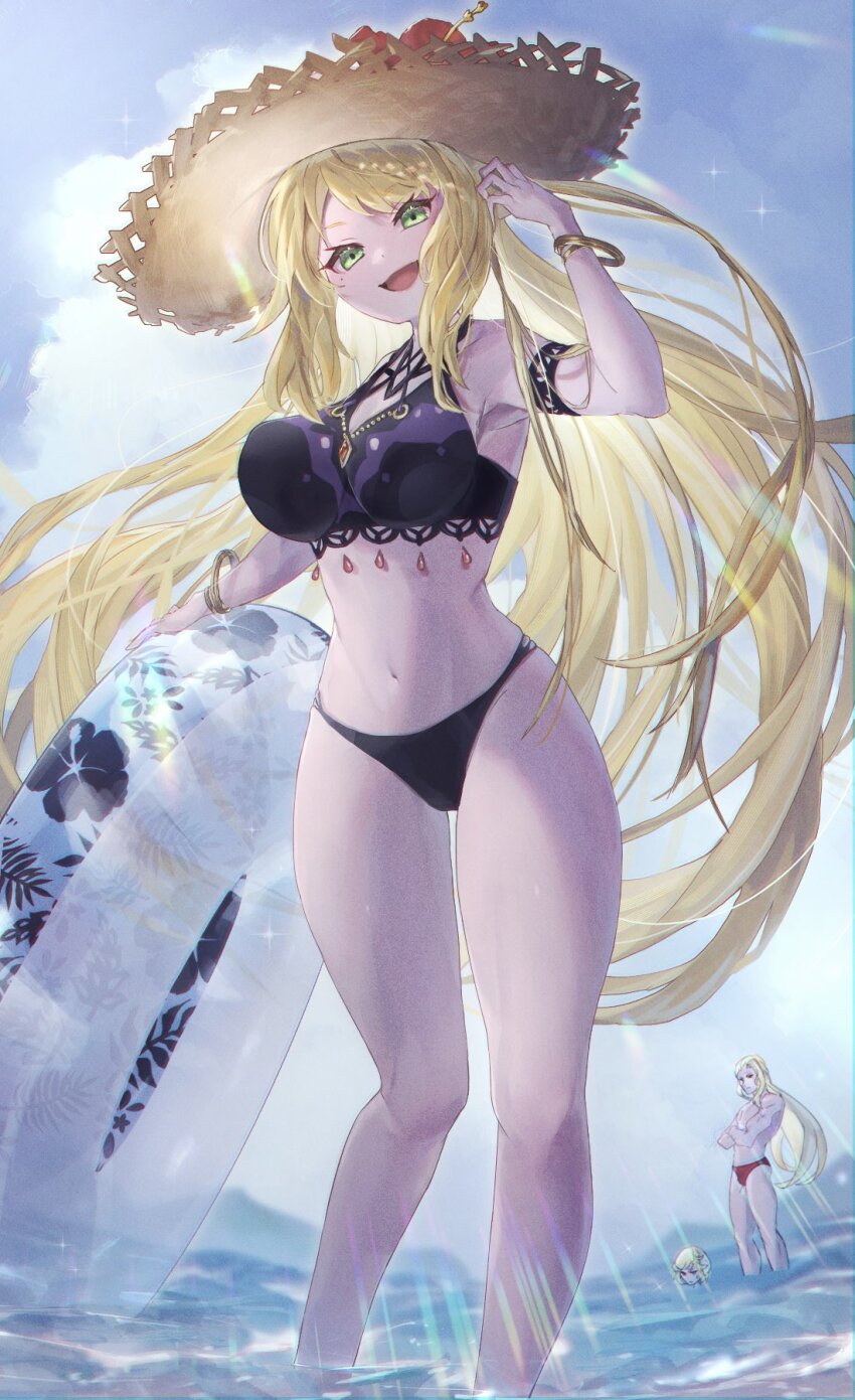 1girl, 2boys, bare_shoulders, blonde_hair, bracelet, breasts, brother_and_sister, brothers